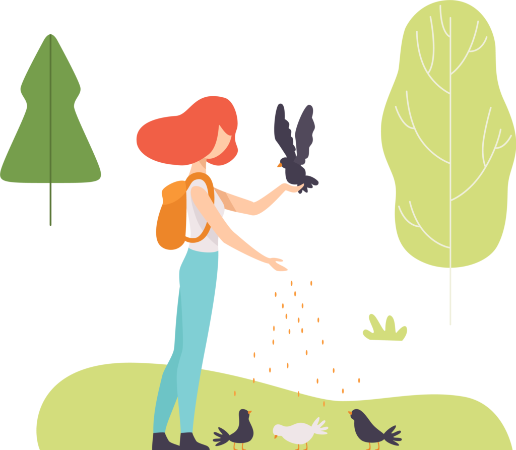 lady feeding birds birdseed tree