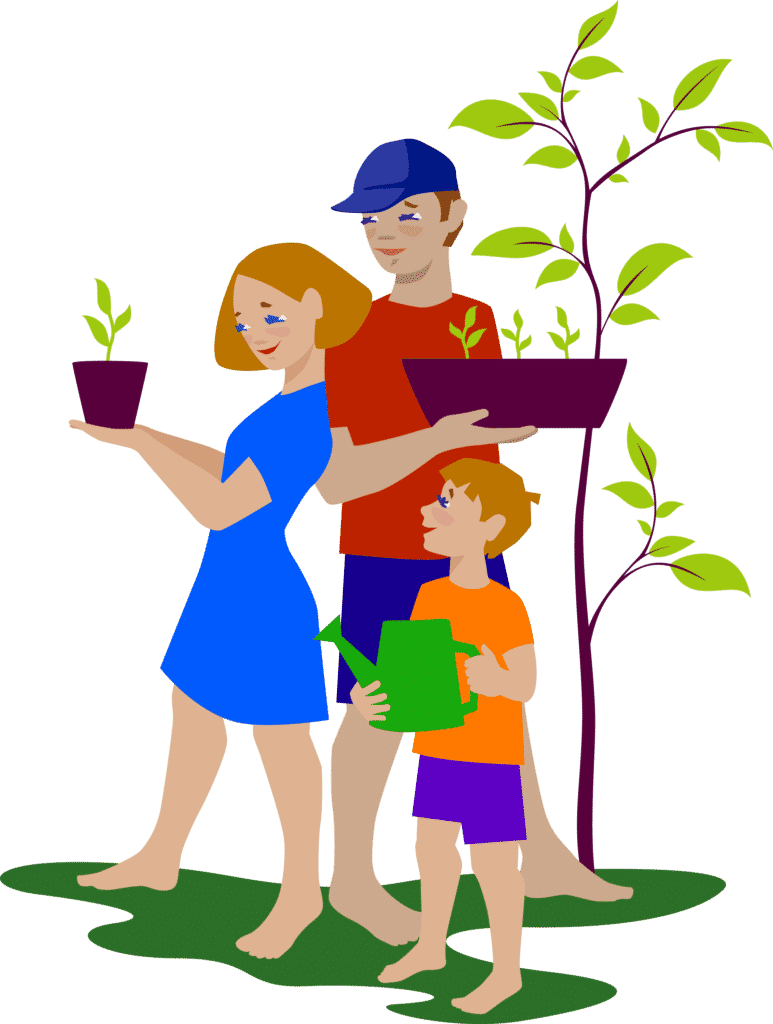 family planting trees