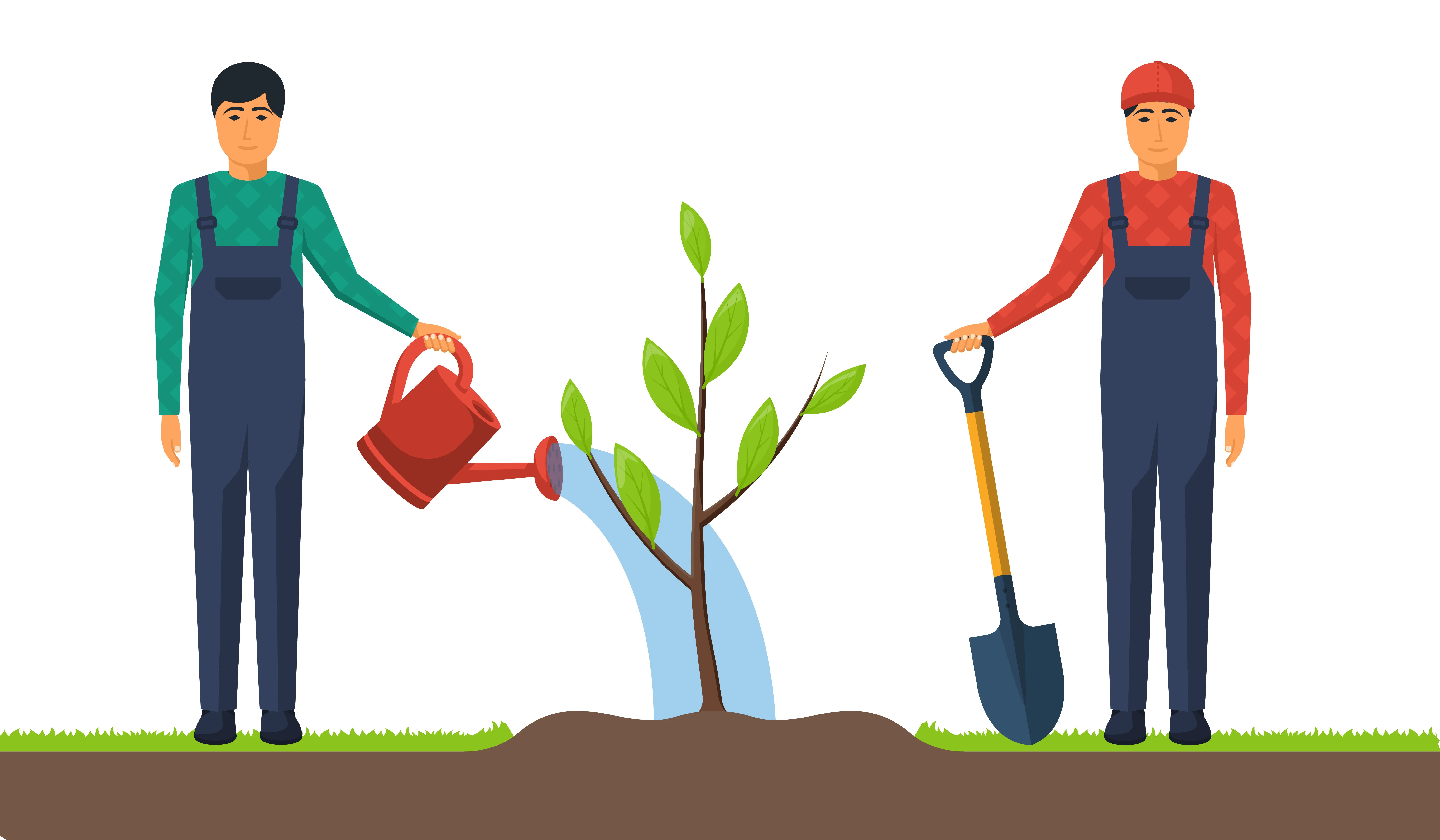 Tree Planting Men Water and Shovel Illustration