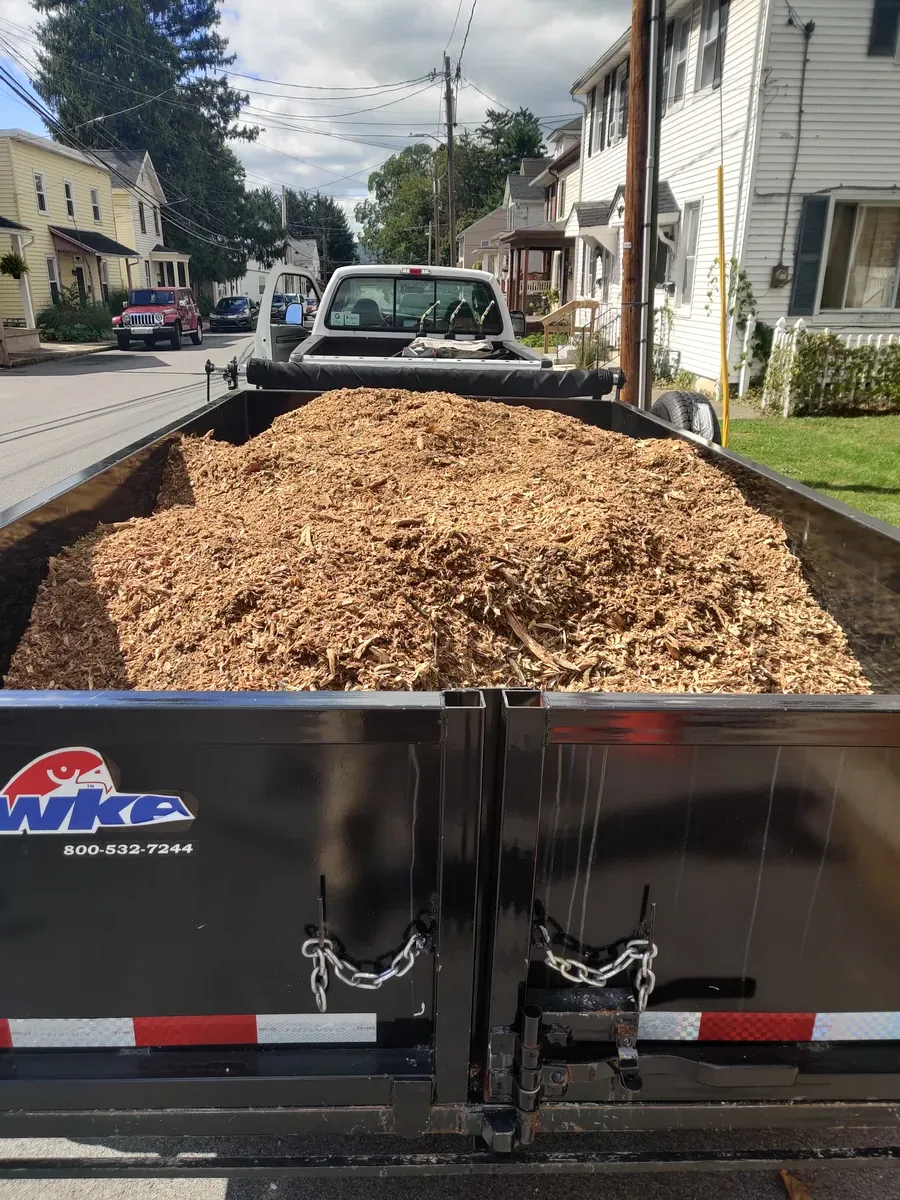 Dump trailer fully loaded with stump grindings ready to be hauled off a job site by StumpBusters