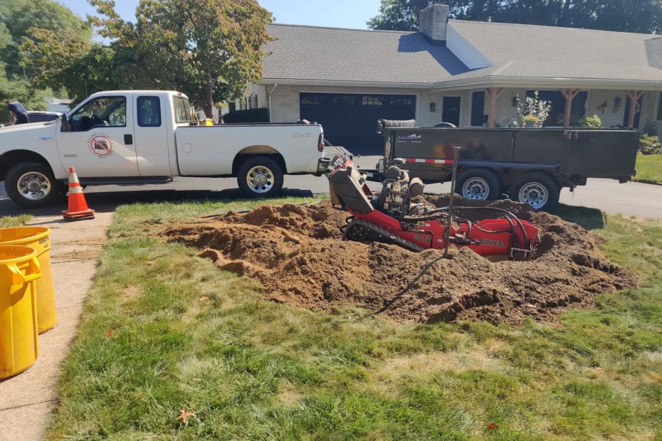 StumpBusters truck, dump trailer, and Barreto stump grinder at work on a residential stump removal job in Central Pennsylvania. In the middle of stump grinding cleanup.