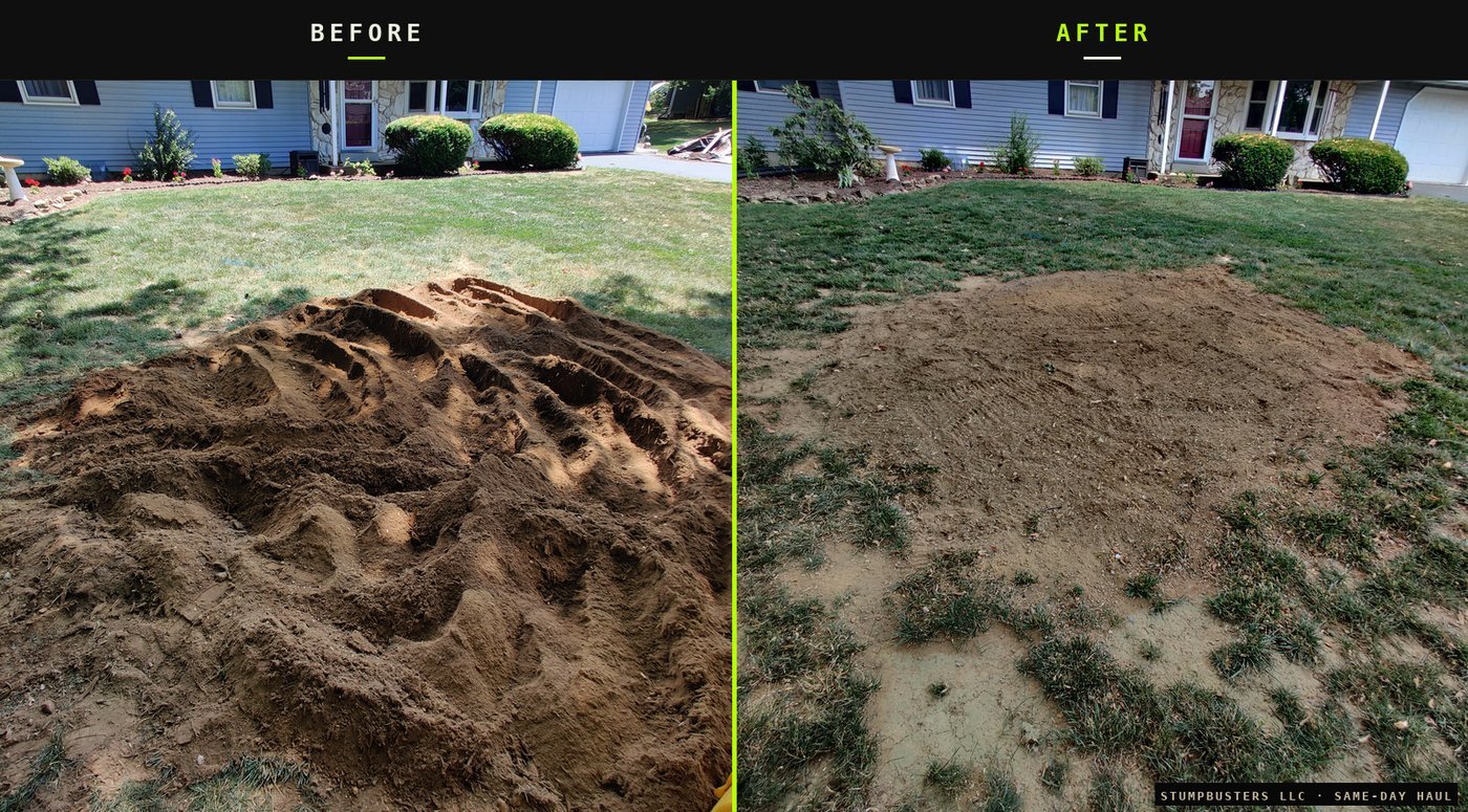 Stump grinding chip pile cleanup — before and after StumpBusters haul-away rescue job
